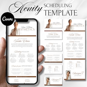 Puede incluir: Plantilla de programación Acuity con una maqueta de teléfono y materiales de marketing adicionales. La plantilla presenta el texto "Lux Bloom Esthetics" y "Trisha Claire". El diseño es en tonos marrones y blancos.