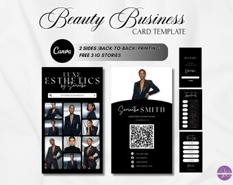 May include: A black and white business card template for a beauty business. The design includes the text "Beauty Business Card Template" and "Luxe Esthetics by Samantha". The template also features a QR code and social media icons.