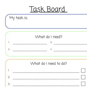 Pode incluir: Um quadro de tarefas branco com o texto "Task Board" no topo. O quadro é dividido em seções com instruções como "Minha tarefa é:" e "Do que preciso?" com espaço para escrever. As caixas de seleção estão incluídas.