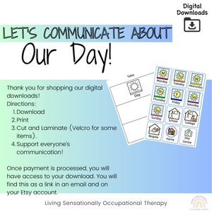 May include: A printable visual schedule for children to help them understand their daily routine. The schedule includes icons for day, Monday, Tuesday, Wednesday, Thursday, Friday, Saturday, Sunday, school, college, respite, home, and day centre. The text "Let's Communicate About Our Day!" is at the top of the page.