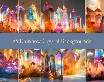 28 Rainbow Crystal Backgrounds – Colorful Glass Crystal Clusters with Prism Light Reflections