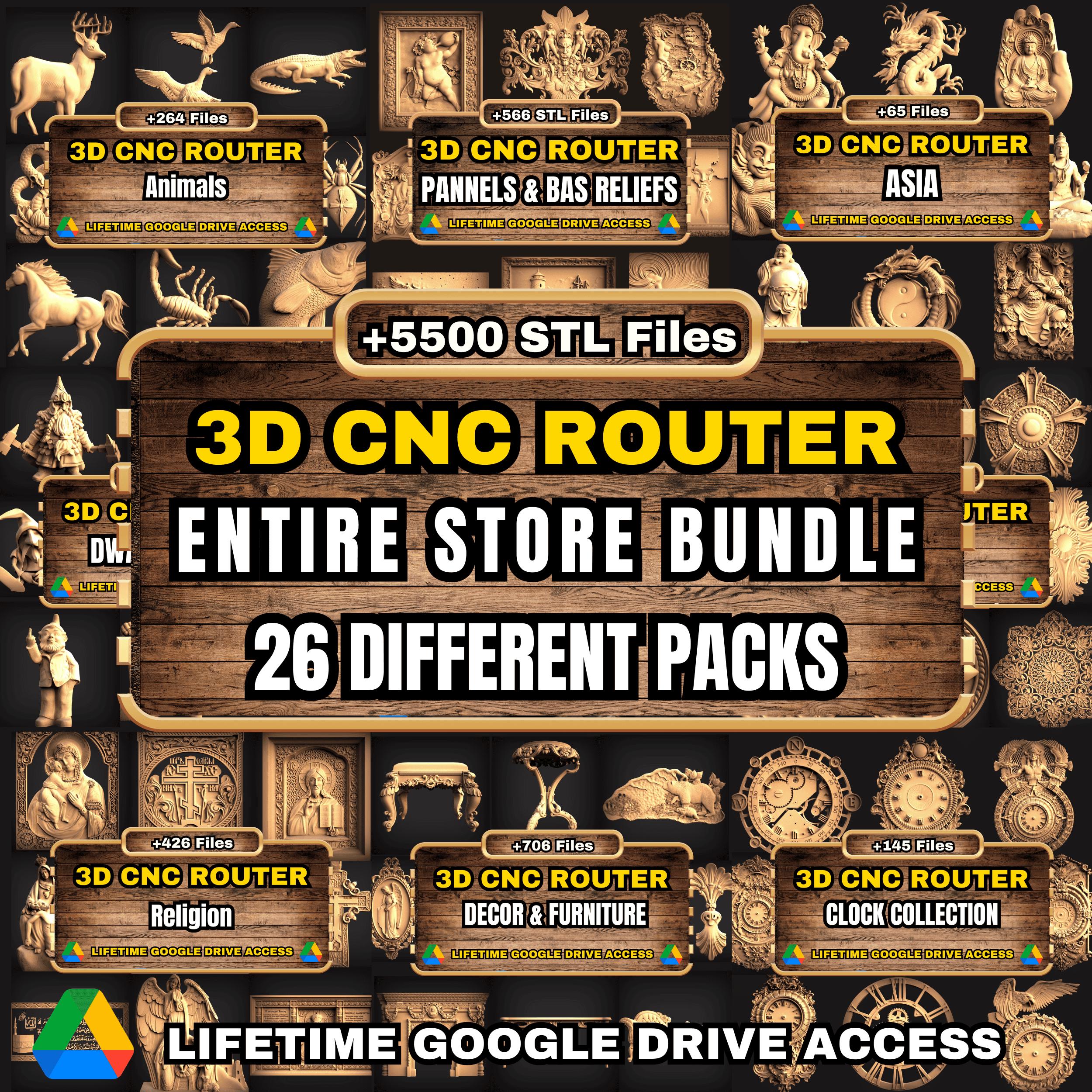 Entire Store Bundle: +5500 STL Files From 26 Different Categories For 3D Cnc Router Machine - Lifetime Google Drive Access