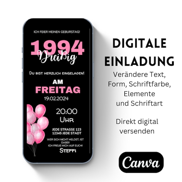 digitale Einladung Geburtstag 20 30 40 50 60 | personalisierbare Einladungskarte | eCard zum Versenden per Whatsapp | Geburtstagseinladung