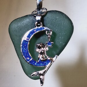 Blue/Green Teal Sea Glass Heart Pendant with Mermaid Charm with Stainless Steel Bail