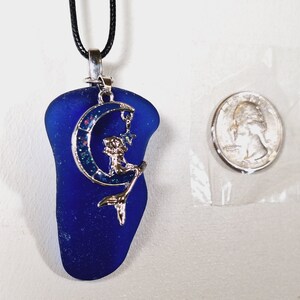 Large Cobalt Indigo Blue Sea Glass Pendant Necklace with Mermaid Charm and Stainless Steel Bail