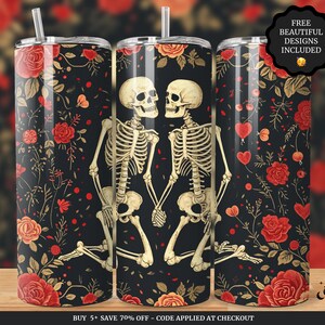 Skeleton Valentine Tumbler Wrap, Red Roses Tumbler Wrap, 20oz Skinny Tumbler,  Sublimation Design Png, Love Tumbler Design, Digital Download
