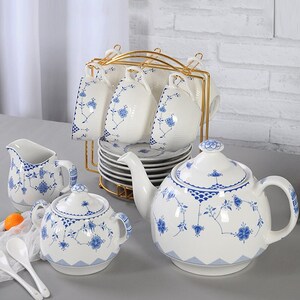 Pagoda Blue Transferware Porcelain Tea Set With Tray Antique