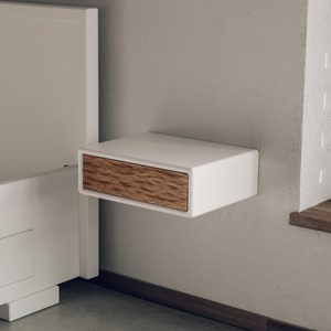 White Floating Nightstand Textured Oak Drawer Minimalist Wall-Mounted Bedside Shelf Modern Scandinavian Handmade Design