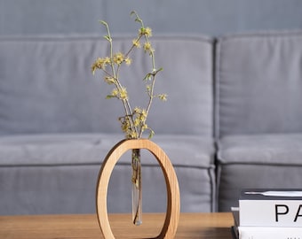 Wooden Vase with Glass Tube, Ash Wood Minimalist Vase, Modern Flower Vase, Scandinavian Home Decor, Tabletop Vase, Gift for Her