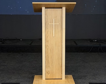 Church Lectern with Cross, Ash Wood Pulpit Stand, Wooden Podium, Christian Furniture, Modern Worship Lectern