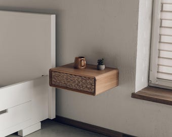 Mesita de noche flotante con cajón, mesita de noche de pared, mesita de noche de madera de fresno, muebles de dormitorio modernos y minimalistas.
