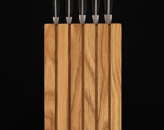 Magnetic Oak Knife Block for 5 Knives, Wooden Knife Holder, Kitchen Knife Organizer, Minimalist Knife Storage Rack, Modern Kitchen Decor