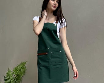Dark Green Custom Logo Apron, Cotton Barista Kitchen Apron, Chef Artist Workwear Gift For Women