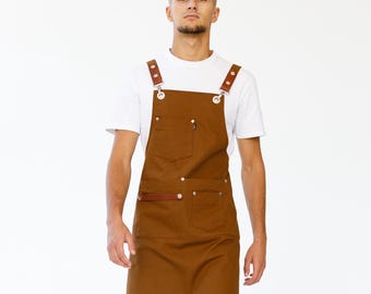Brown Cotton Apron For Men, Adjustable Chef Kitchen Apron, Barista Artist And BBQ Workwear Gift