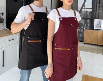 Tablier personnalisé avec logo, beau tablier en toile pour cuisine, serveur, barista, avec lanières en cuir, pour votre travail/passe-temps ou super cadeau !