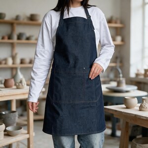 Denim Apron Dress for Women, Vintage Style Work Apron for Pottery Studio, Ceramicist and Artist Smock