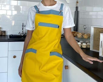 Yellow Leather Apron for Women - Custom Handmade Chef Apron - Heavy Duty Blacksmith & Shop Apron - Crossback BBQ Cooking Apron