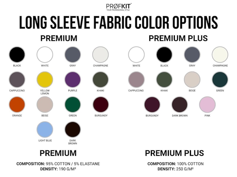May include: Image showcasing long sleeve fabric color options, including black, white, gray, champagne, cappuccino, yellow lemon, purple, khaki, orange, beige, green, burgundy, light blue, and dark brown. Premium and Premium Plus options are displayed.