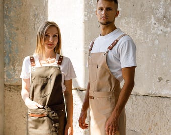 Custom Cross Back Apron, Beige Cafe Barista Apron For Men And Women, Kitchen Artist BBQ Gift