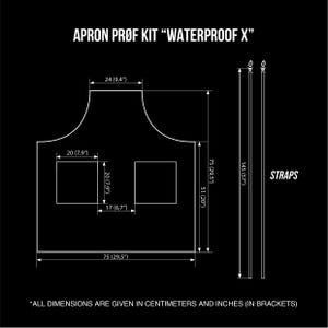 Pode incluir: Um diagrama preto de um kit de avental com a etiqueta "WATERPROOF X". O avental tem 75 cm de largura e 75 cm de comprimento, com dois bolsos. As al&ccedil;as t&ecirc;m 145 cm de comprimento. O texto diz "TODAS AS DIMENS&Otilde;ES S&Atilde;O DADAS EM CENT&Iacute;METROS E POLEGADAS (ENTRE PAR&Ecirc;NTESES)".