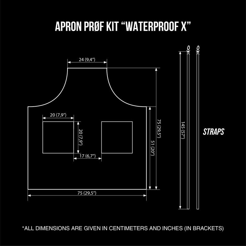 Pode incluir: Um diagrama preto de um kit de avental com a etiqueta "WATERPROOF X". O avental tem 75 cm de largura e 75 cm de comprimento, com dois bolsos. As al&ccedil;as t&ecirc;m 145 cm de comprimento. O texto diz "TODAS AS DIMENS&Otilde;ES S&Atilde;O DADAS EM CENT&Iacute;METROS E POLEGADAS (ENTRE PAR&Ecirc;NTESES)".