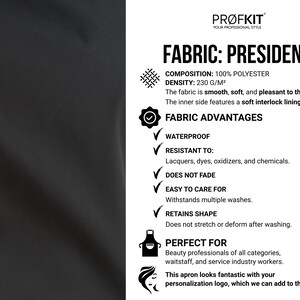 Pode incluir: Amostra de tecido preto com o texto "FABRIC: PRESIDENT" e detalhes sobre sua composi&ccedil;&atilde;o, densidade e vantagens, incluindo impermeabilidade e f&aacute;cil cuidado. O tecido &eacute; 100% poli&eacute;ster.
