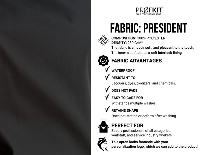 Pode incluir: Amostra de tecido preto com o texto "FABRIC: PRESIDENT" e detalhes sobre sua composi&ccedil;&atilde;o, densidade e vantagens, incluindo impermeabilidade e f&aacute;cil cuidado. O tecido &eacute; 100% poli&eacute;ster.