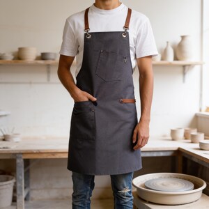 May include: A charcoal gray apron featuring brown leather straps attached with silver metal grommets. The apron includes a chest pocket and a lower pocket, with a brown leather accent tab on the side. It is worn over a plain white t-shirt.