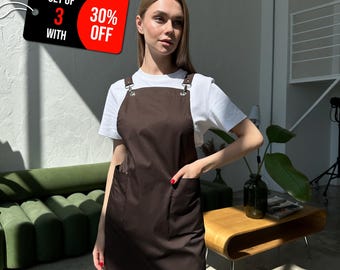 Delantal personalizado al por mayor, delantal bordado personalizado, vestido delantal tipo peto cruzado hecho a mano con bolsillos, regalo personalizado