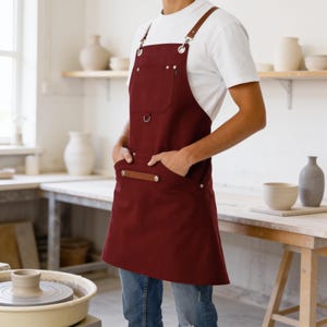 Men’s Burgundy Studio Apron, Adjustable Leather Strap Workwear with Chest Pocket for Pottery and Art Workshops