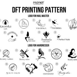 Pode incluir: Gr&aacute;fico branco com logotipos para manicures e cabeleireiros. Os logotipos incluem verniz de unhas, tesouras e rostos femininos estilizados. O texto inclui "DFT PRINTING PATTERN" e nomes de empresas.