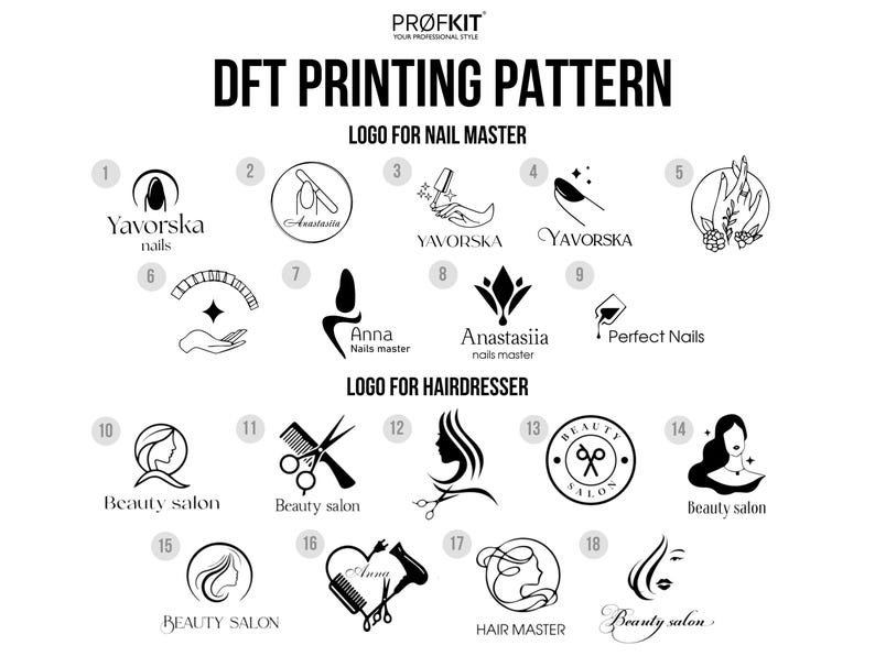 Pode incluir: Gr&aacute;fico branco com logotipos para manicures e cabeleireiros. Os logotipos incluem verniz de unhas, tesouras e rostos femininos estilizados. O texto inclui "DFT PRINTING PATTERN" e nomes de empresas.