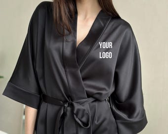 Embroidered Salon Robe, Robe-Kimono For Client, Black Royal Satin Hairstylist Smock, Short Satin Robe