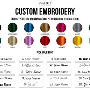 Pode incluir: Imagem mostrando op&ccedil;&otilde;es de bordado personalizado. Apresenta uma paleta de cores para impress&atilde;o DTF e fios de bordar, incluindo preto, azul e dourado. As op&ccedil;&otilde;es de fonte tamb&eacute;m s&atilde;o exibidas, com op&ccedil;&otilde;es numeradas para personaliza&ccedil;&atilde;o.