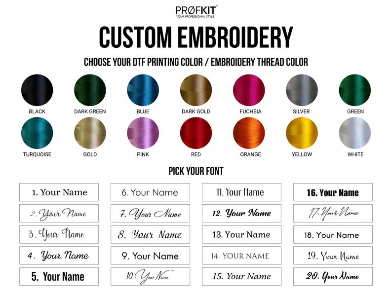 Pode incluir: Imagem mostrando op&ccedil;&otilde;es de bordado personalizado. Apresenta uma paleta de cores para impress&atilde;o DTF e fios de bordar, incluindo preto, azul e dourado. As op&ccedil;&otilde;es de fonte tamb&eacute;m s&atilde;o exibidas, com op&ccedil;&otilde;es numeradas para personaliza&ccedil;&atilde;o.