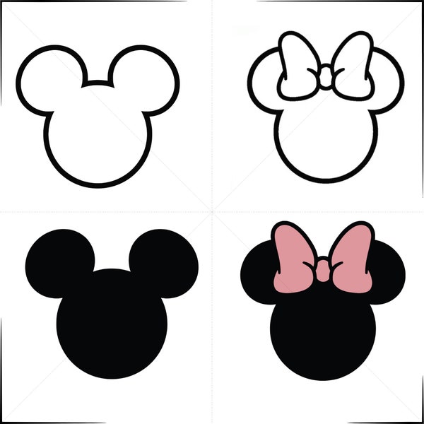 Mickey and Minnie Inspired SVG Bundle, Mickey Minnie Ears, Mouse Ears outline and Mouse Bow, Mouse Silhouette, Mickey Mouse head SVG, Mouse