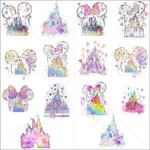 Bundle Watercolor Castle Png, Mouse Ear Castle Png, Retro Colorful Castle Png, Sublimation Design Png, Magic Kingdom Png, Instant Download