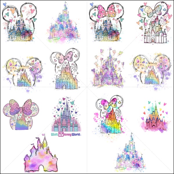 Bundle Watercolor Castle Png, Mouse Ear Castle Png, Retro Colorful Castle Png, Sublimation Design Png, Magic Kingdom Png, Instant Download