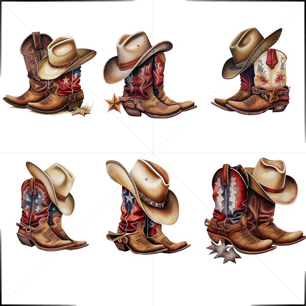 Bottes de cowboy et chapeau Clipart PNG bottes de cow-girl Clip Art usage commercial bottes western Scrapbook aquarelle Sublimation Design Junk Journal