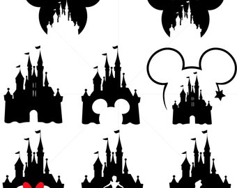 Castle svg bundle, princess svg, castle clipart, Heart Head Mickey, Heart Head Minnie, magic kingdom svg, cut files for cricut silhouette