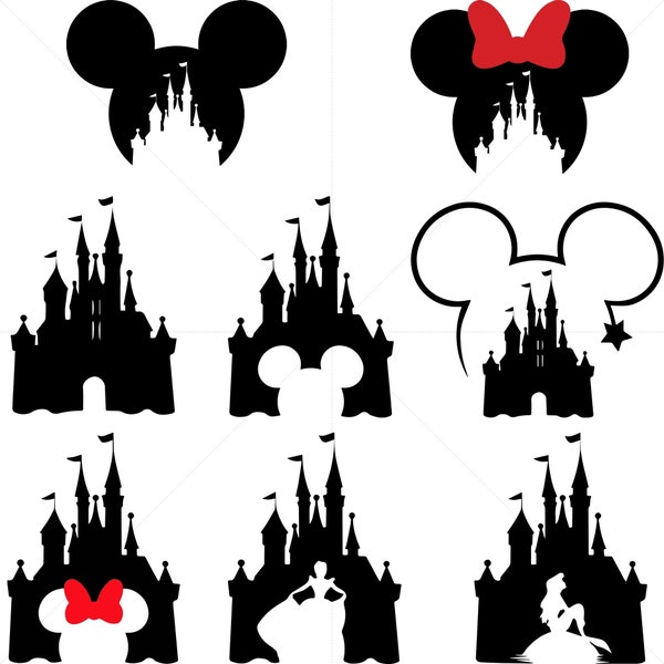 Castle svg bundle, princess svg, castle clipart, Heart Head Mickey, Heart Head Minnie, magic kingdom svg, cut files for cricut silhouette