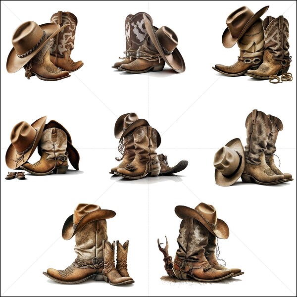 Cowboy Boots and Hat Clipart PNG Cowgirl Boots Clip Art Commercial Use Western Boots Scrapbook Watercolor Sublimation Design Junk Journal