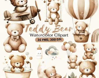 Clipart de urso de pelúcia aquarela, clipart de chá de bebê, clipart de urso de pelúcia boho, urso de pelúcia fofo, urso PNG, ursos de pelúcia sonolentos
