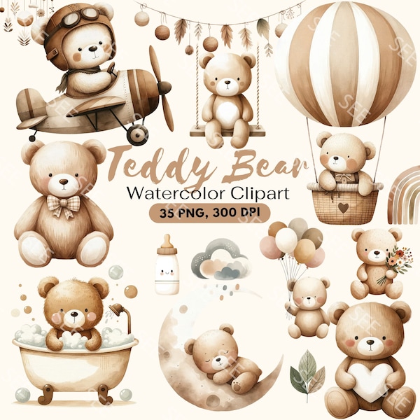 Watercolor Teddy Bear Clipart, Baby Shower Clipart, Boho Teddy Bear Clipart, Cute Teddy Bear, Bear PNG, Sleepy Teddy Bears