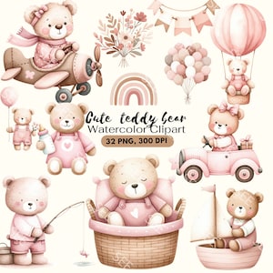 Dolce bambina orsacchiotto Clipart, Clipart acquerello, Clipart orsacchiotto, orsetto rosa pastello, ragazza Baby Shower, ragazza compleanno Clipart.