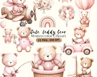 Sweet Baby Girl Teddy Bear Clipart, Watercolor Clipart, Teddy Bear Clipart, pink Bear Pastel,girl Baby Shower, girl Birthday Clipart.