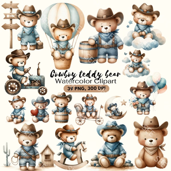 Watercolor Cowboy teddy bear clipart bundle, Teddy Bear Clipart, Baby Shower Clipart, Boho Teddy Bear Clipart, Cowboy png, Commercial Use