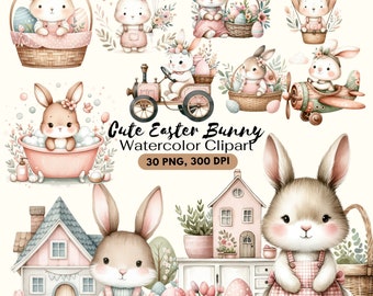 Cute Easter Bunny Clipart, Boho Bunny Clipart, Pastel Watercolor, Spring Bunnies, Bunny Baby Shower, Easter Basket PNG, Commercial Use