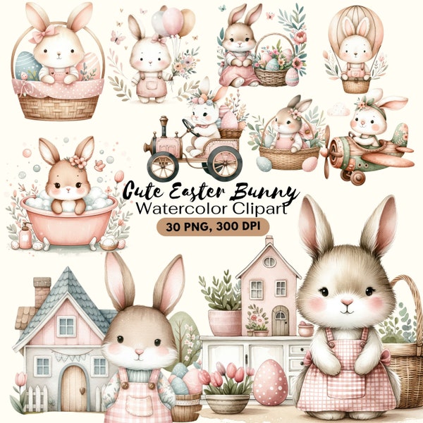 Cute Easter Bunny Clipart, Boho Bunny Clipart, Pastel Watercolor, Spring Bunnies, Bunny Baby Shower, Easter Basket PNG, Commercial Use