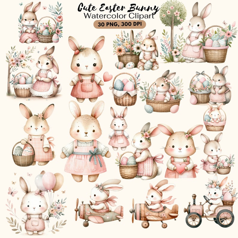 Cute Easter Bunny Clipart, Boho Bunny Clipart, Pastel Watercolor ...